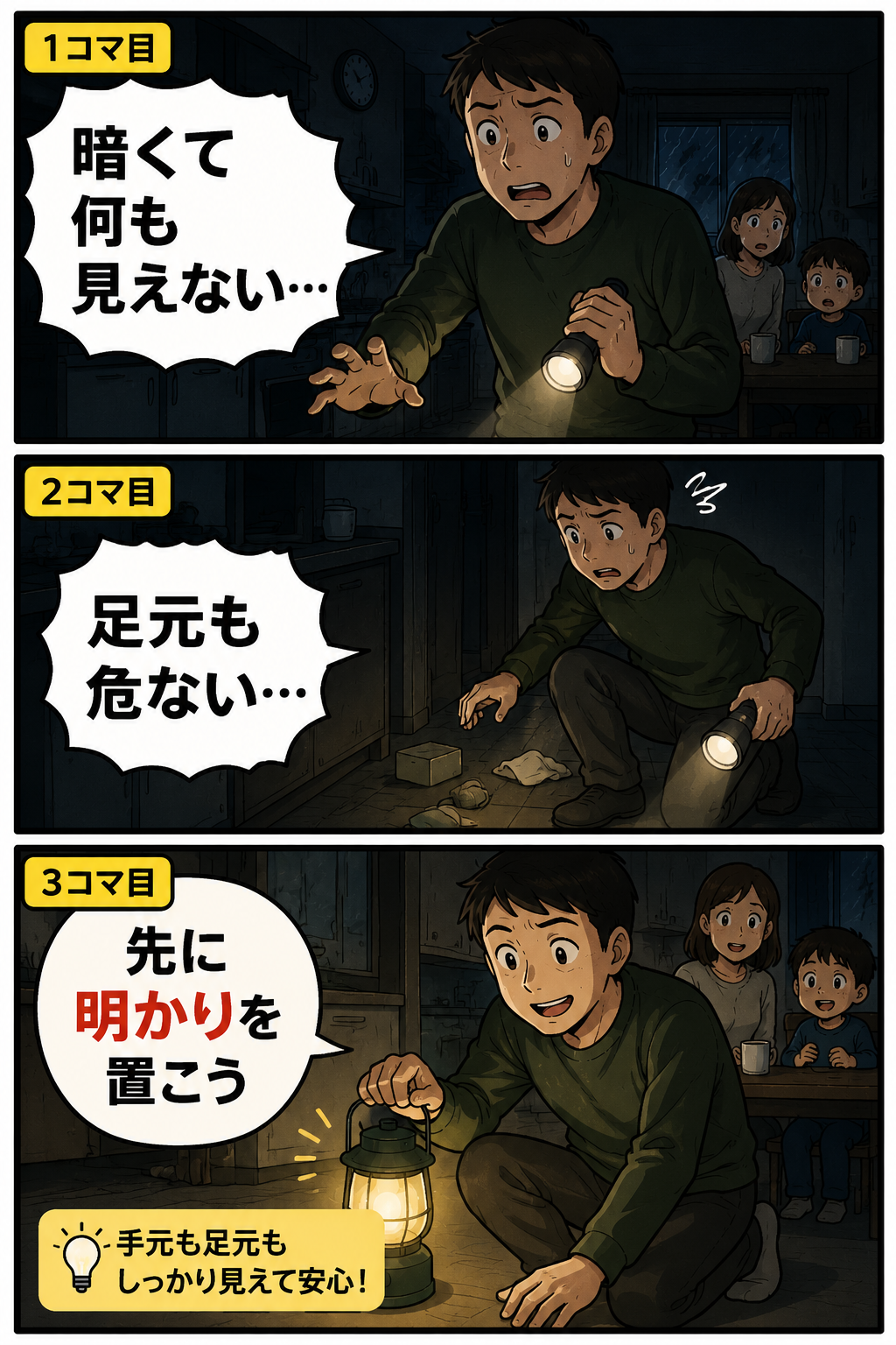 停電中に父親がLEDランタンで足元と手元を照らしている3コマ漫画