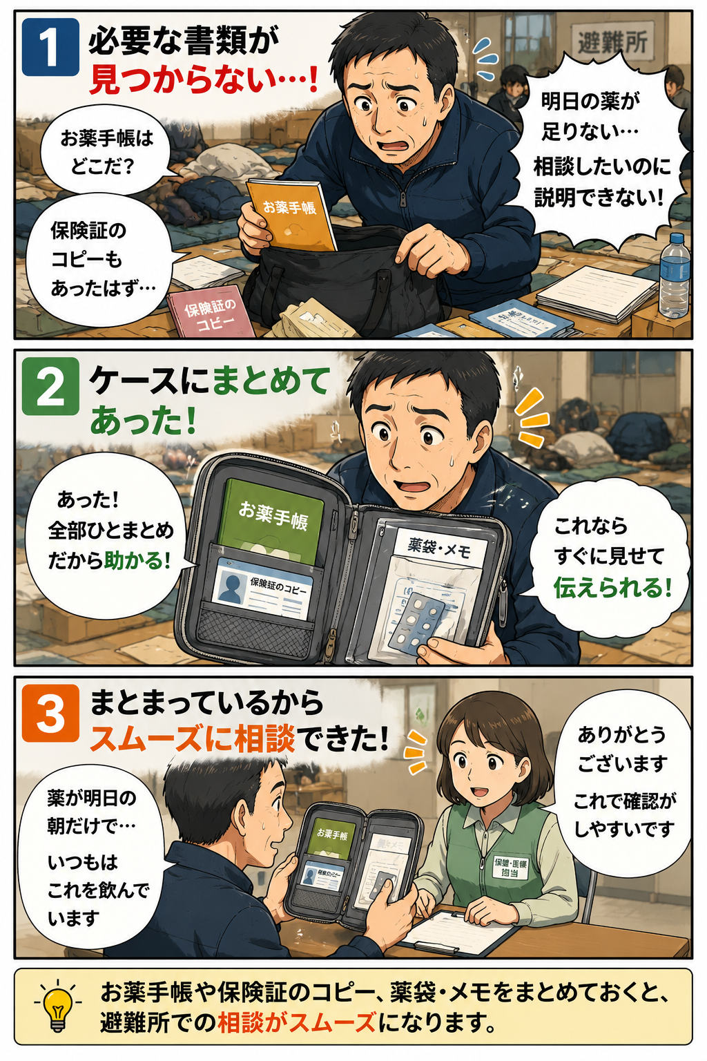 避難所でお薬手帳ケースに薬の情報をまとめて相談しやすくする父親の漫画