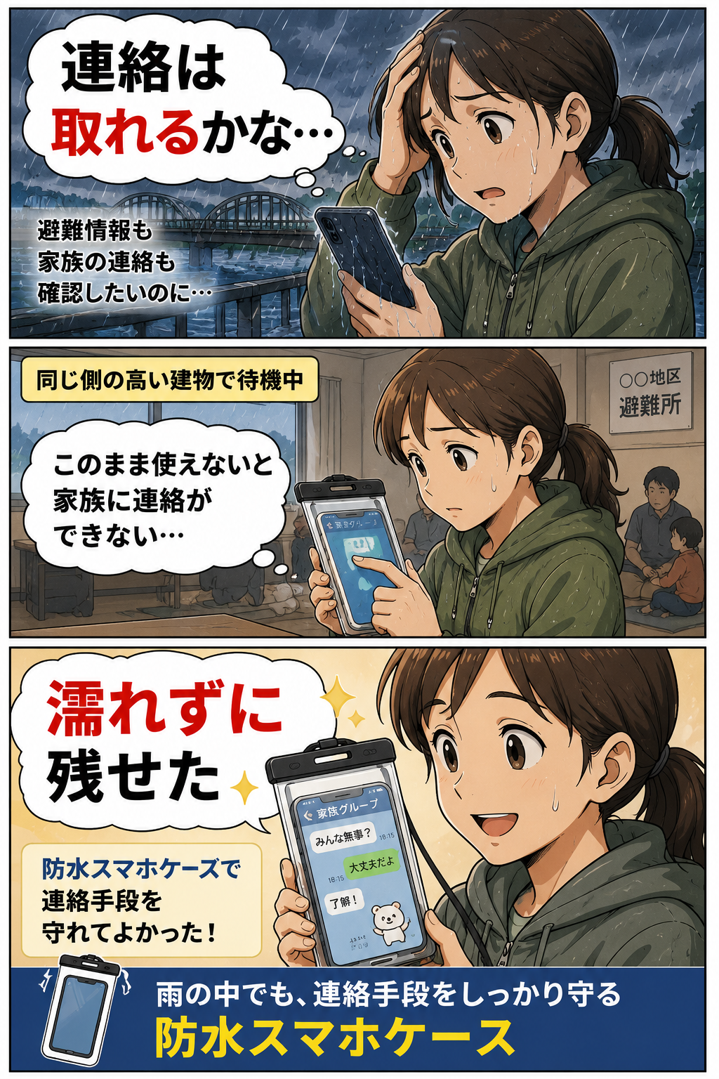 雨の中でスマホを濡らさず家族連絡を維持する防水スマホケースの漫画
