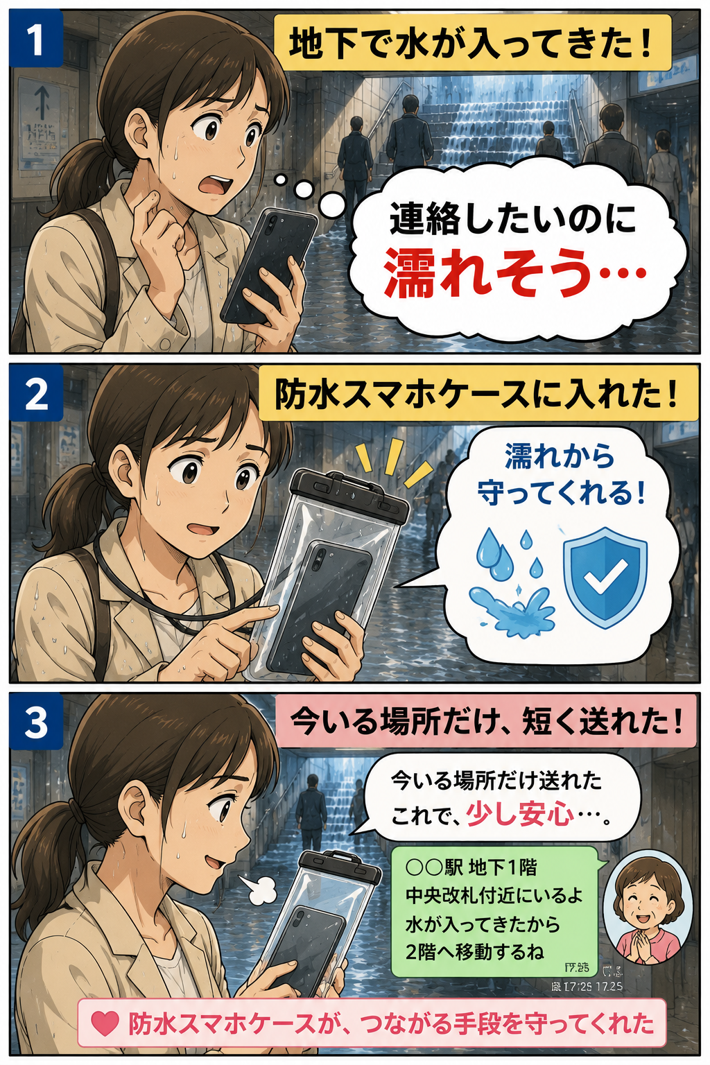 地下で水が入ってきた時に防水スマホケースでスマホを濡れから守り現在地を送る母親の漫画