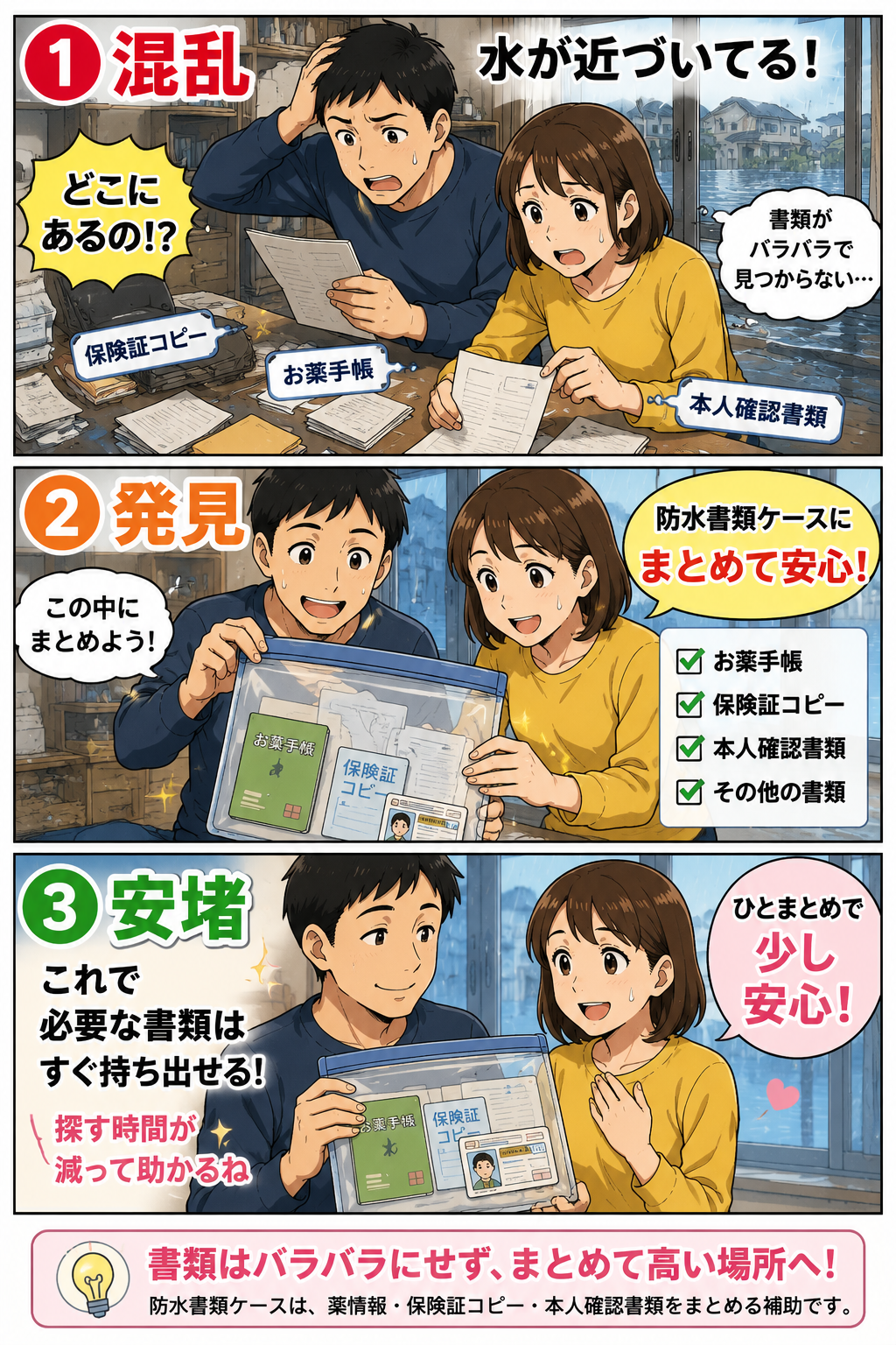床上浸水前に夫婦が保険証コピーやお薬手帳、本人確認書類を防水書類ケースにまとめて少し安心している漫画