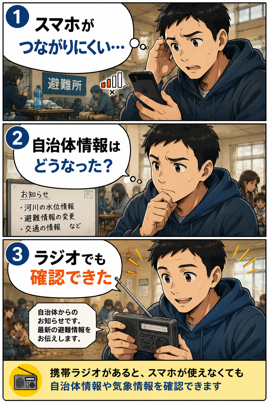 避難所で携帯ラジオを使って自治体情報を確認する父親の防災漫画