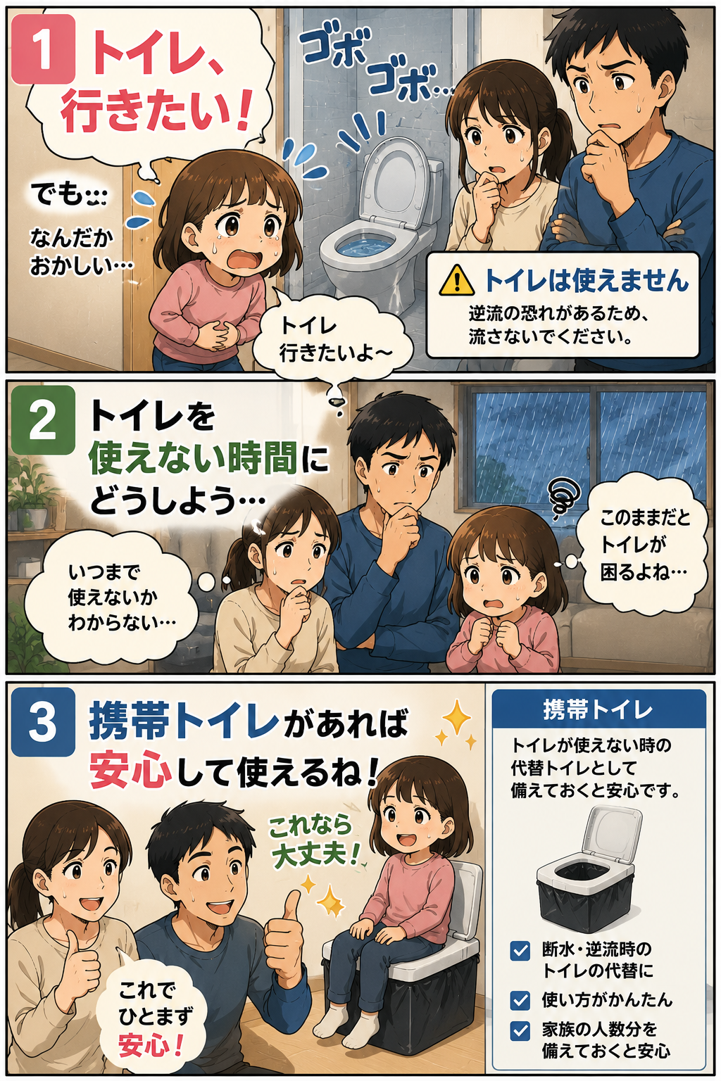 トイレ使用停止中に子どものトイレ対応として携帯トイレを使う家族の漫画