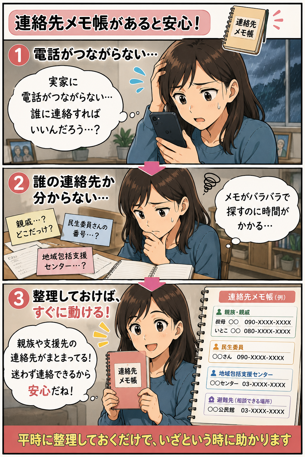 電話がつながらない時に連絡先メモ帳で親族や支援先を確認する娘の漫画