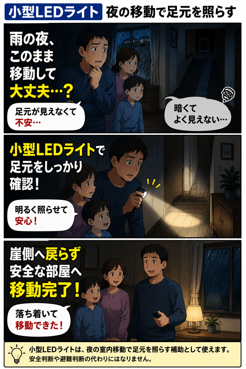 大雨の夜に父親が小型LEDライトで足元を照らしながら家族と室内移動する漫画