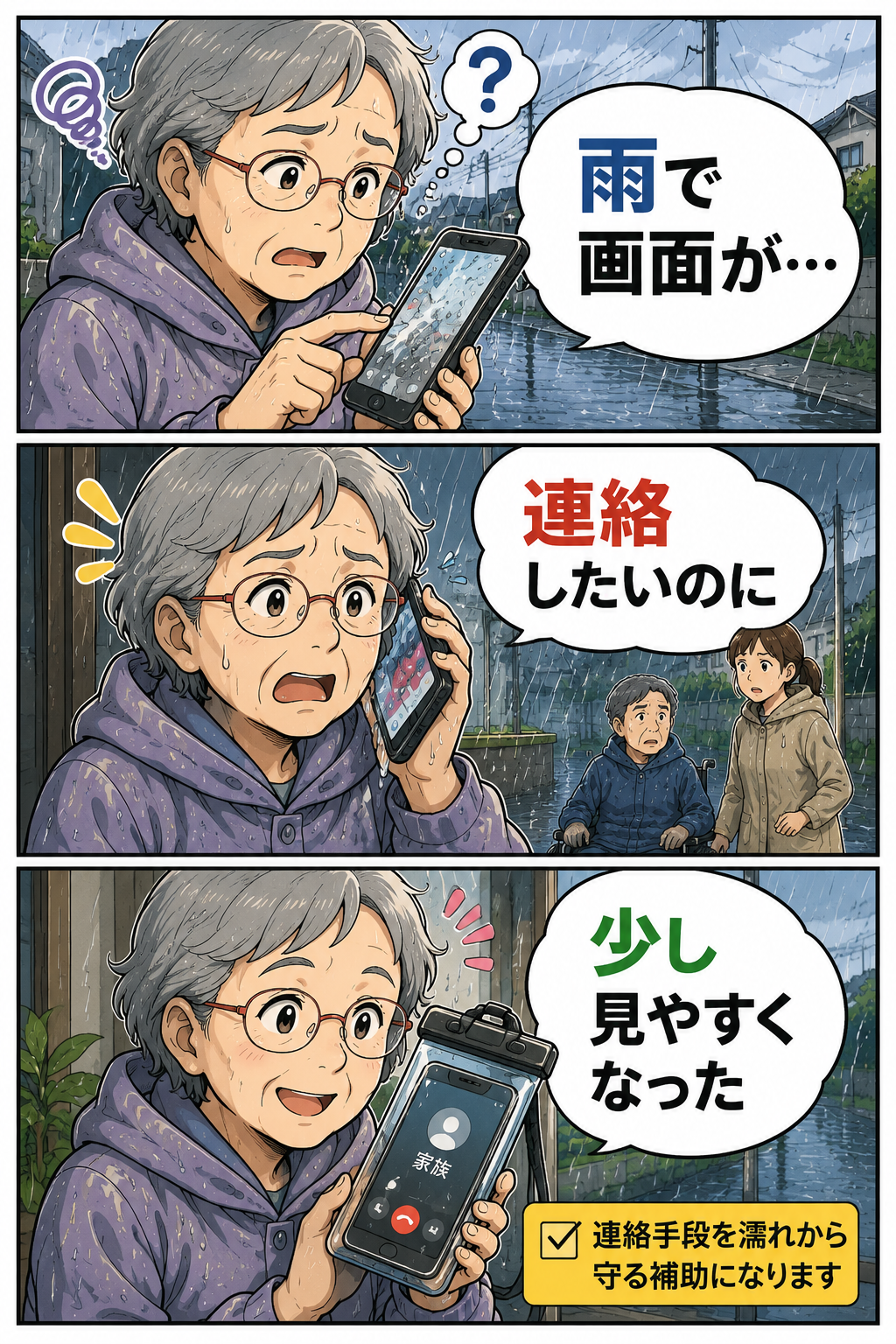 雨の中で祖母が防水スマホケースを使いスマホを濡れから守って家族へ連絡する漫画