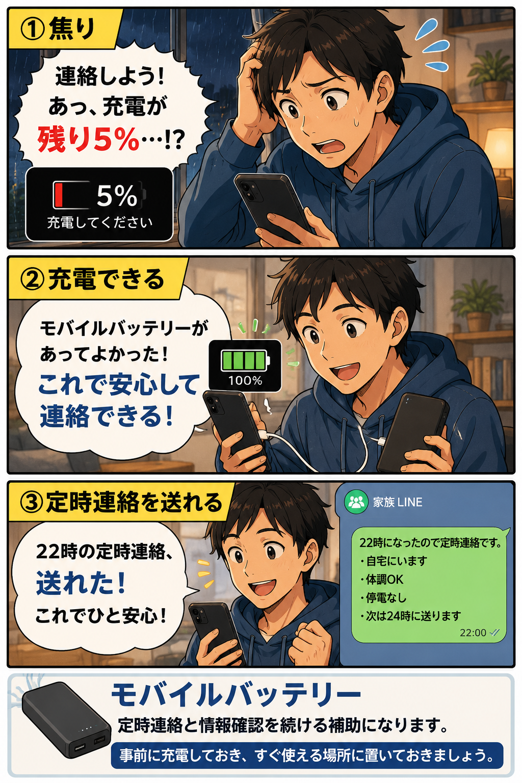 大雨の夜にスマホの充電残り5%で焦る20代男性がモバイルバッテリーで充電し定時連絡を送る漫画