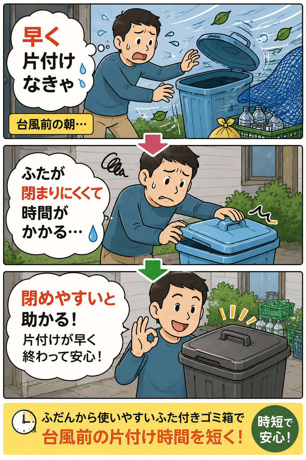 台風前にふた付き屋外ゴミ箱で片付けを短くする父親の漫画