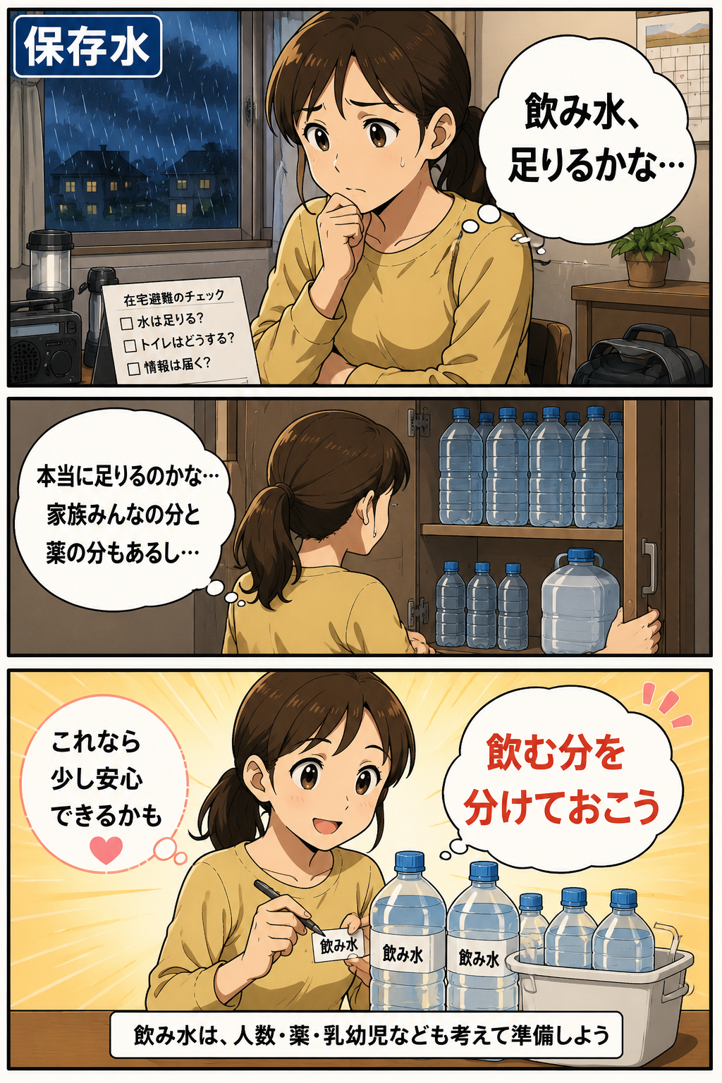 母親が在宅避難に備えて保存水を確認し飲み水を分けている漫画