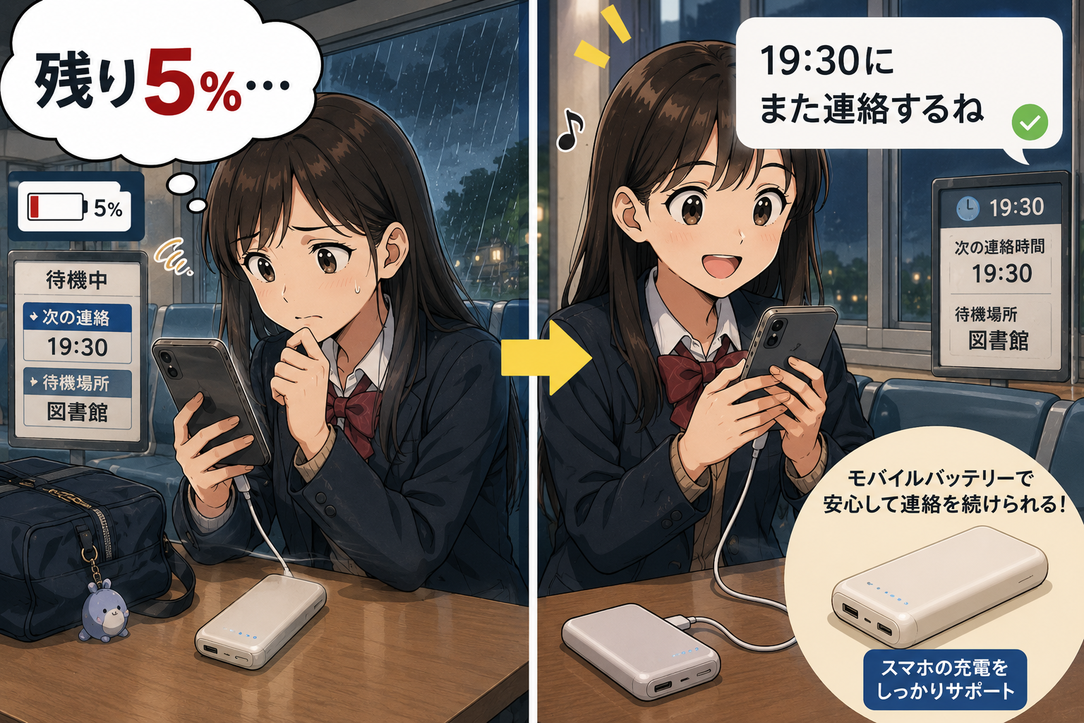 待機中の子どもがモバイルバッテリーで家族連絡を続ける漫画