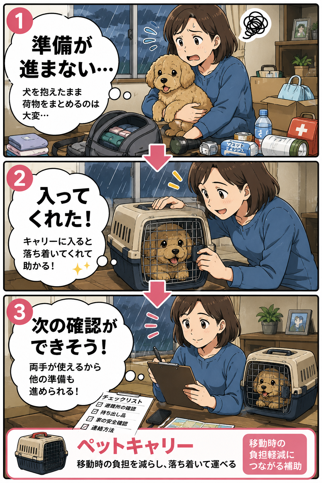 ペットキャリーに慣れていないペットを落ち着いて入れる準備をする漫画