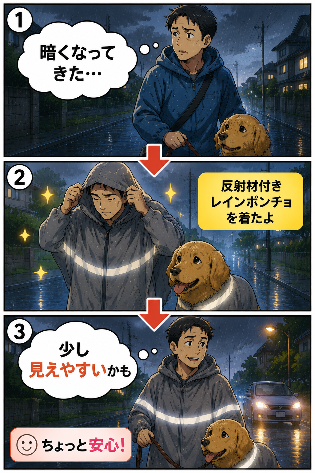 雨が弱まった後に反射材付きレインポンチョで犬と歩く漫画
