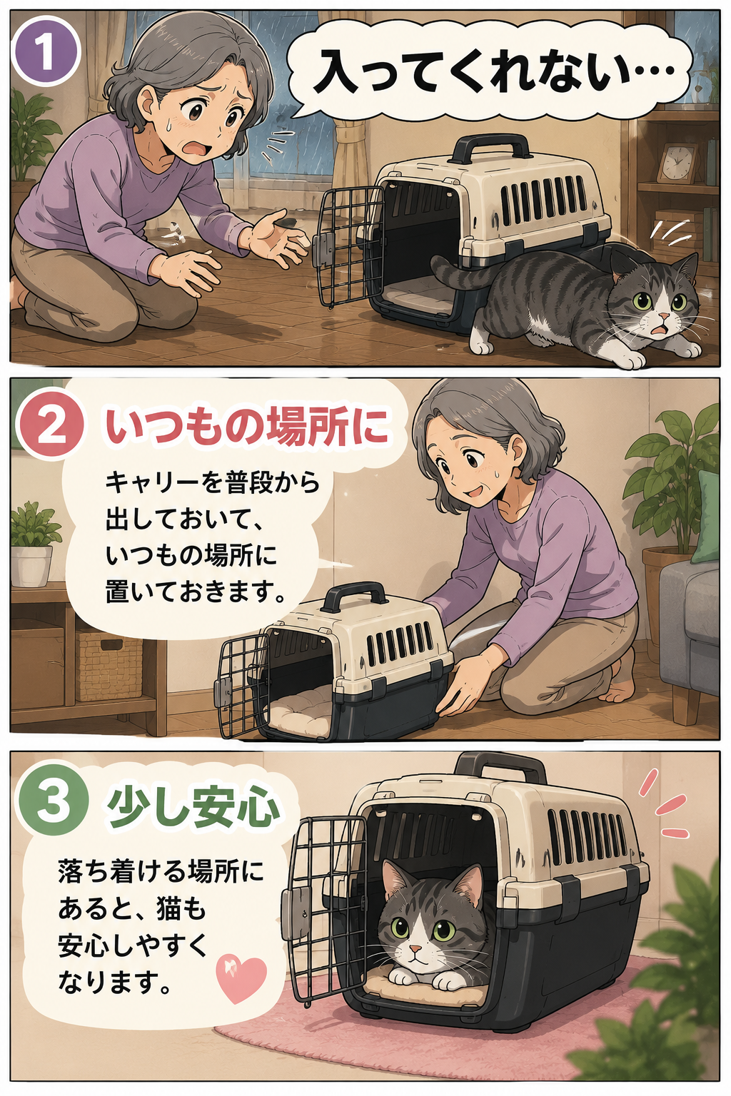 猫用キャリーを準備して避難や室内移動に備える漫画