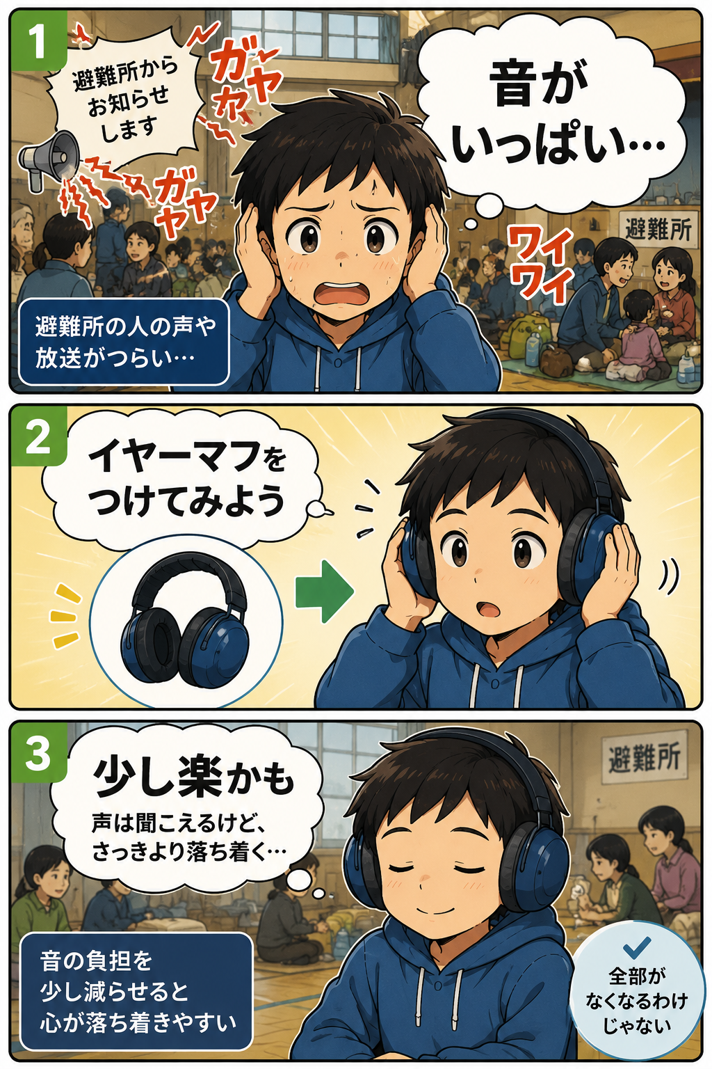 避難先の音がつらい子がイヤーマフで少し落ち着く漫画