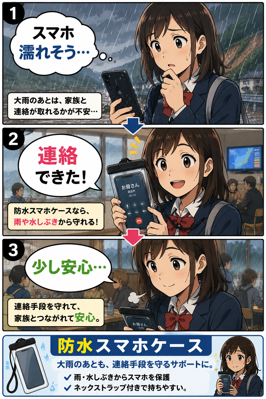 防水スマホケースを使って準備や確認の負担を減らす漫画