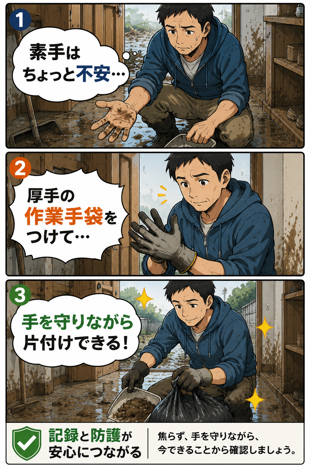 厚手の作業手袋を使って準備や確認の負担を減らす漫画