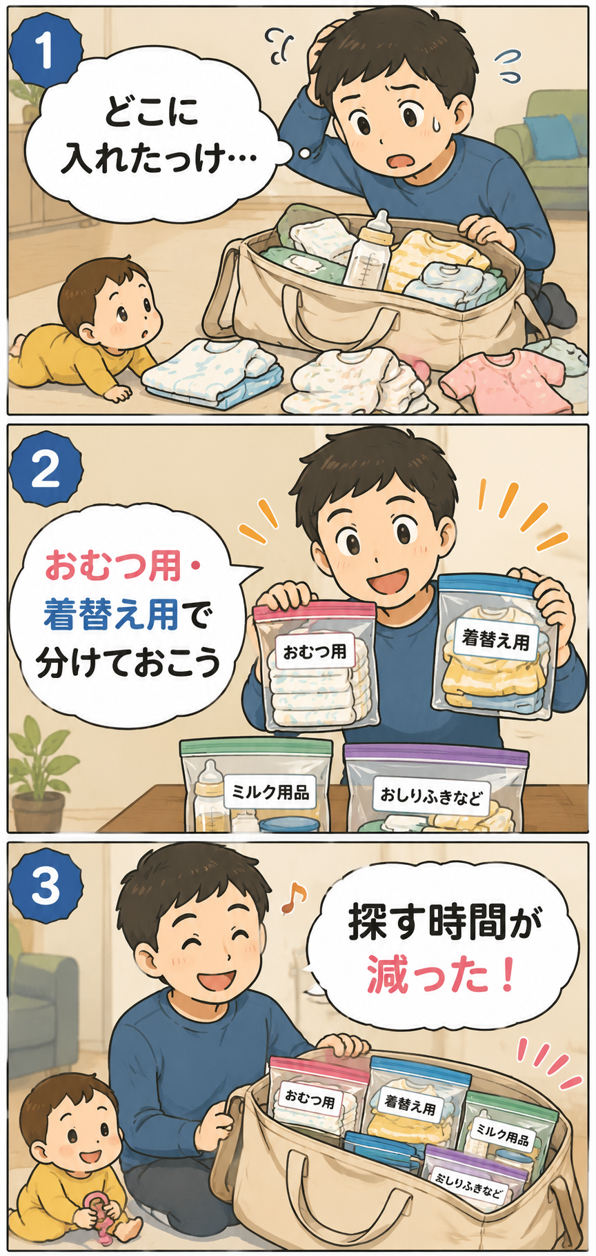 防水ポーチやチャック袋で赤ちゃん用品を小分けして探す時間を減らす父親の3コマ漫画