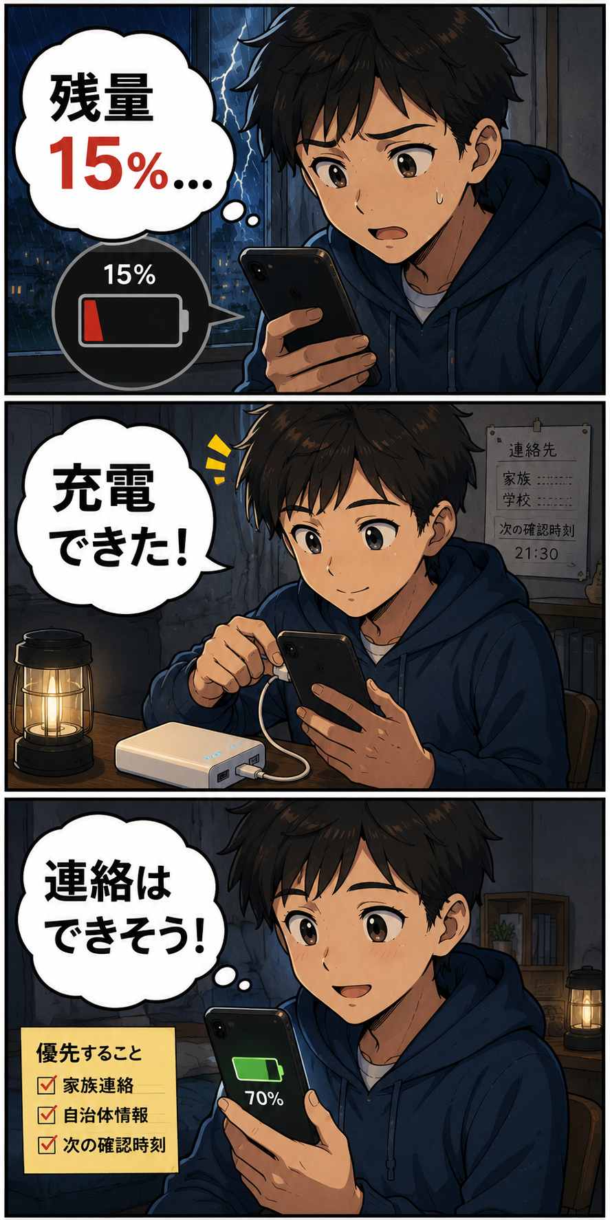 モバイルバッテリーを使って準備や確認の負担を減らす漫画