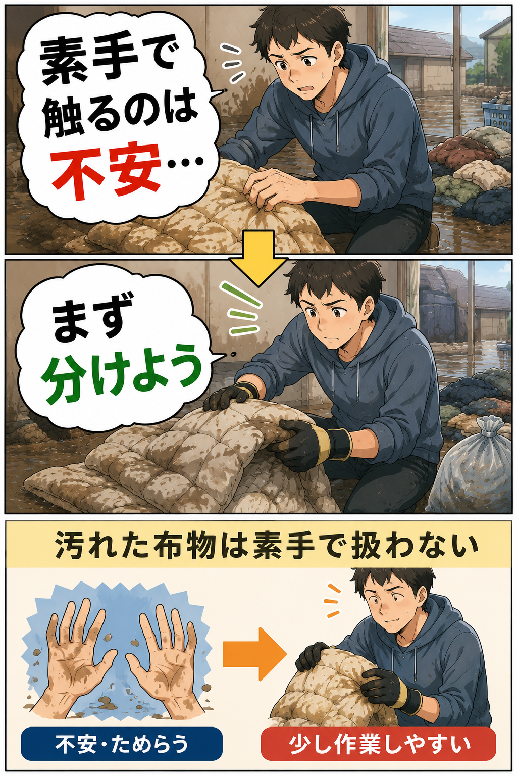 厚手の作業手袋を使って準備や確認の負担を減らす漫画