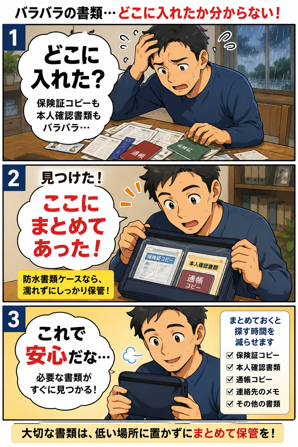 防水書類ケースを使って準備や確認の負担を減らす漫画
