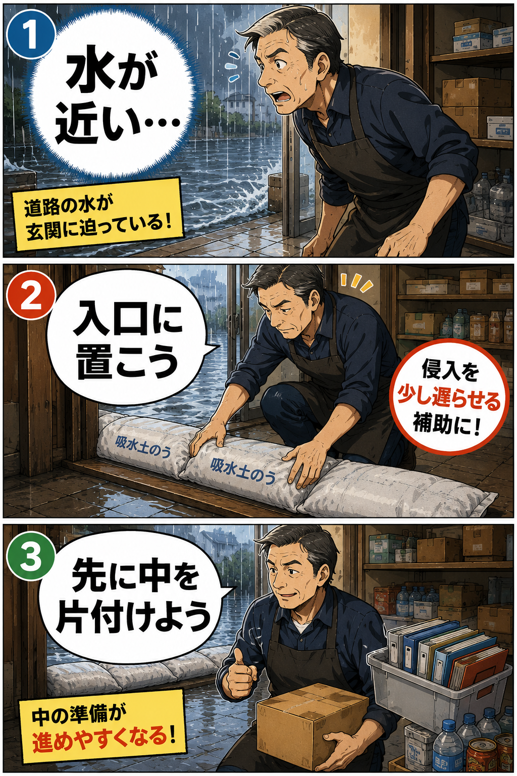 吸水土のうを使って準備や確認の負担を減らす漫画