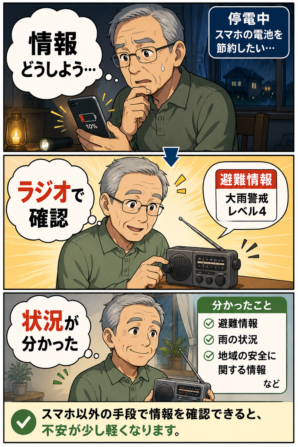携帯ラジオを使って準備や確認の負担を減らす漫画