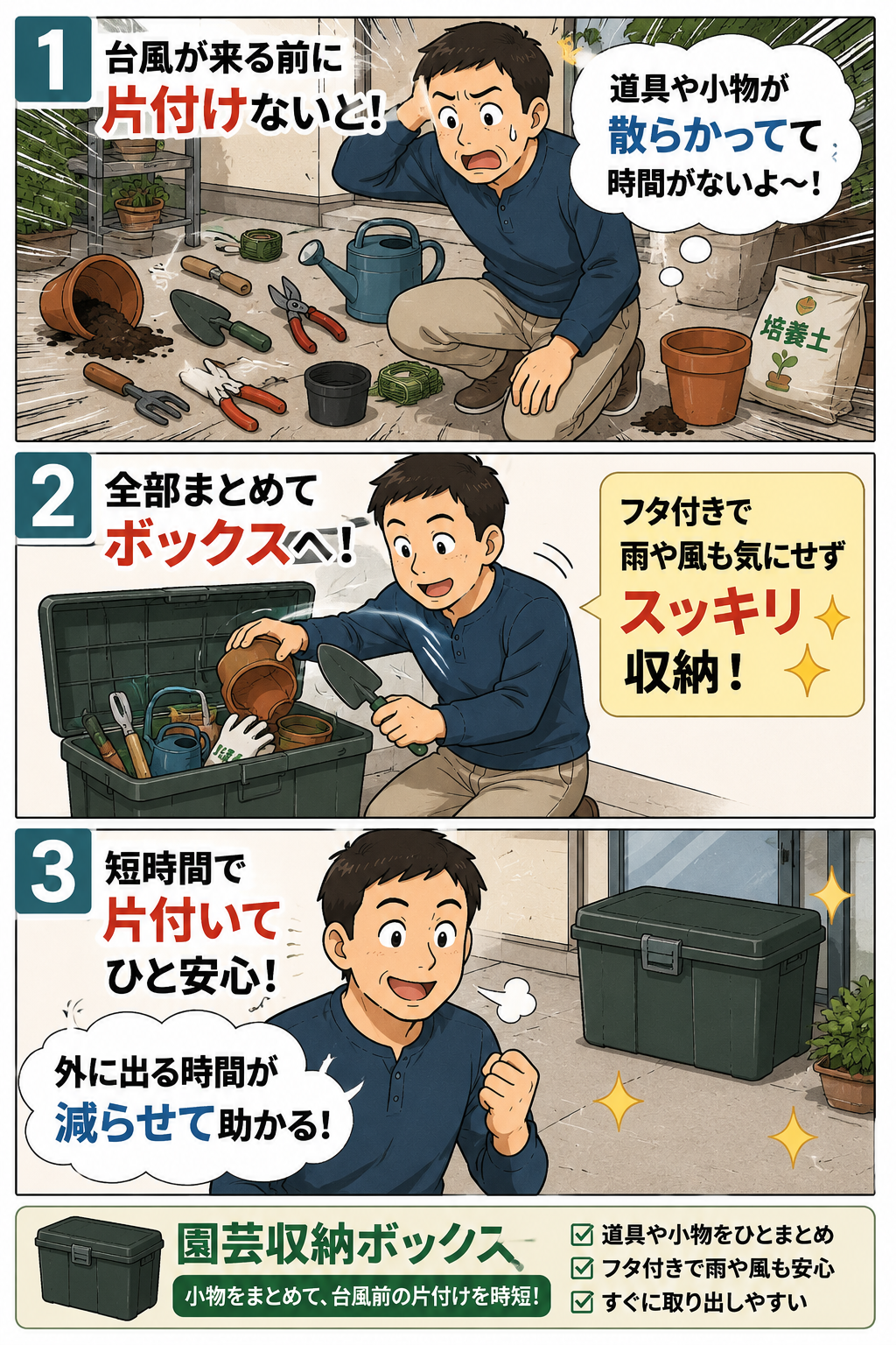 台風前に散らかった園芸道具を園芸収納ボックスへまとめる父親の漫画