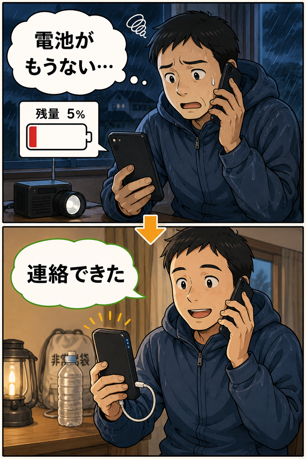 台風の夜にスマホ残量が少なくなり、モバイルバッテリーで充電しながら家族へ連絡する父親の漫画