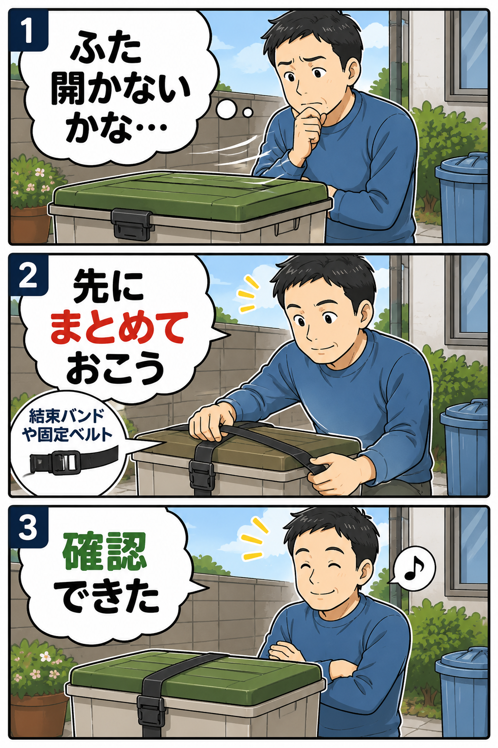 台風前に屋外収納のふたを固定ベルトでまとめる父親の漫画
