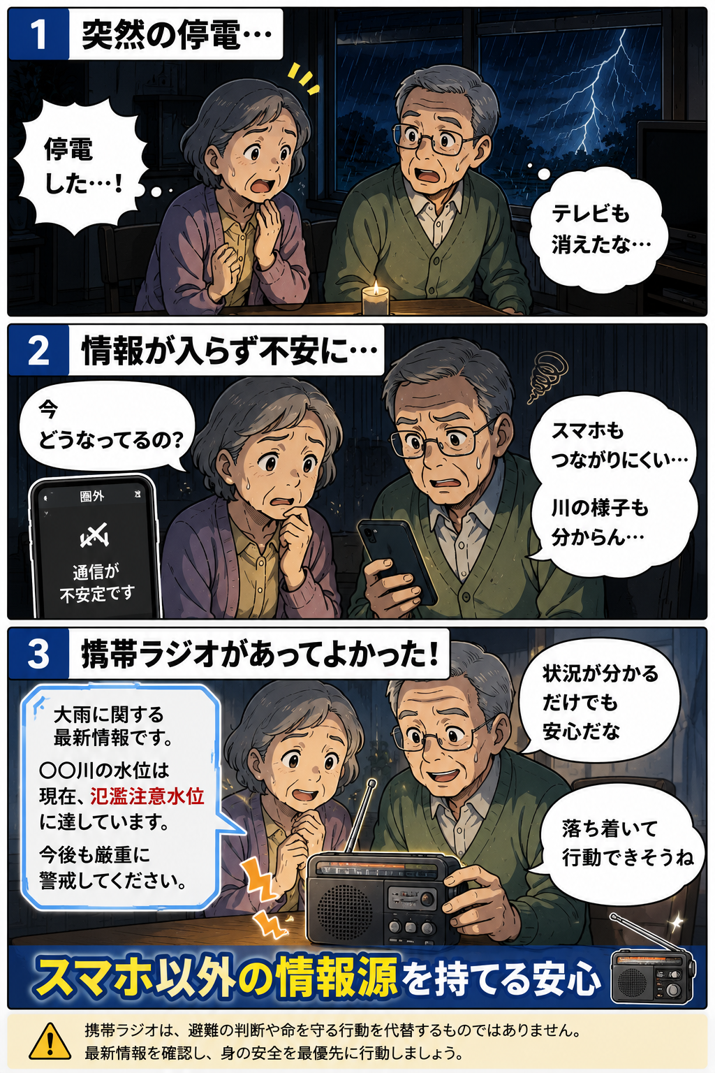 停電と通信不安で状況が分からず困っていた祖父母が、携帯ラジオで災害情報を確認して安心する様子を描いた漫画