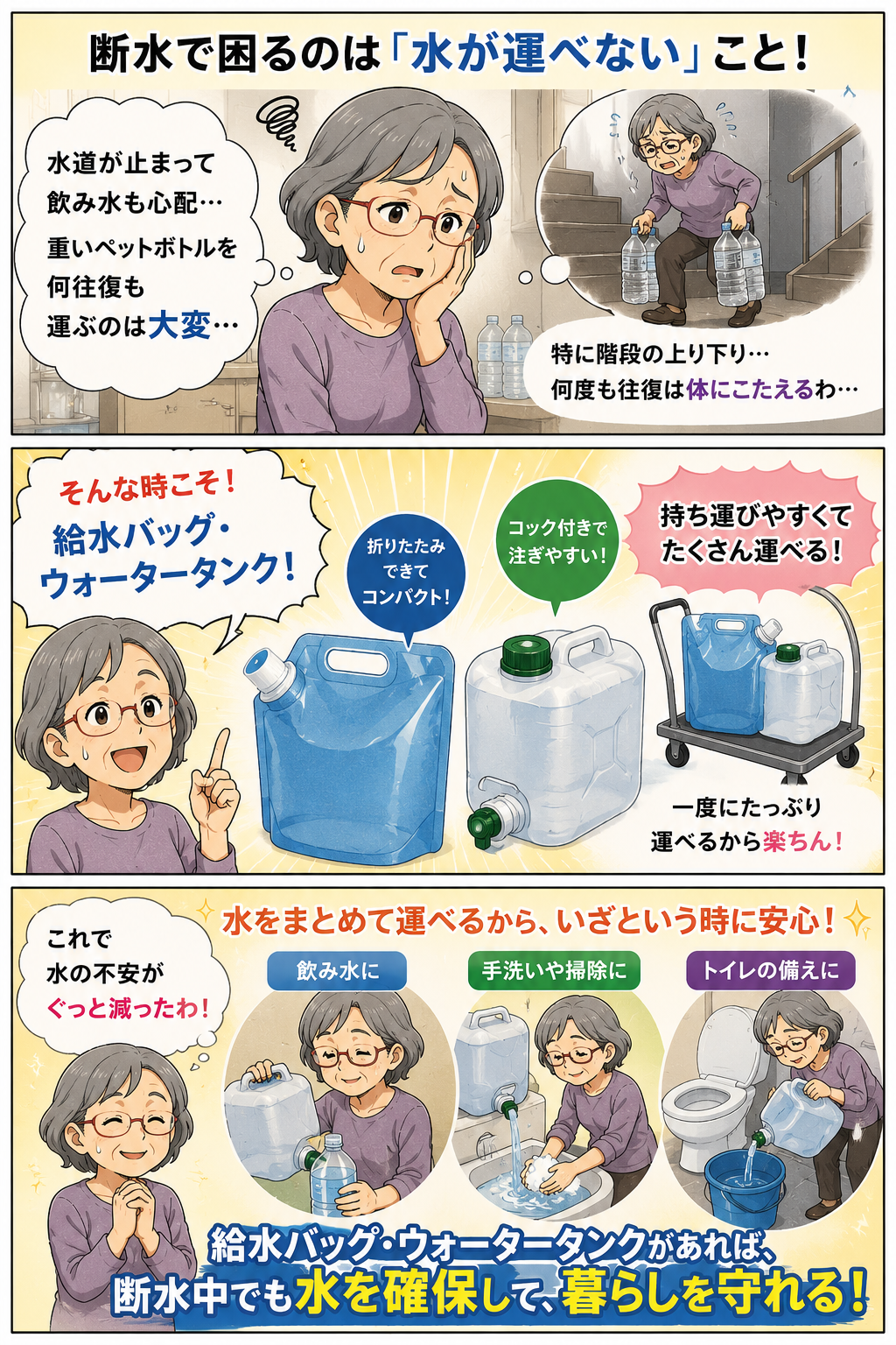 断水時に給水バッグとウォータータンクで水を運ぶ負担を減らす漫画