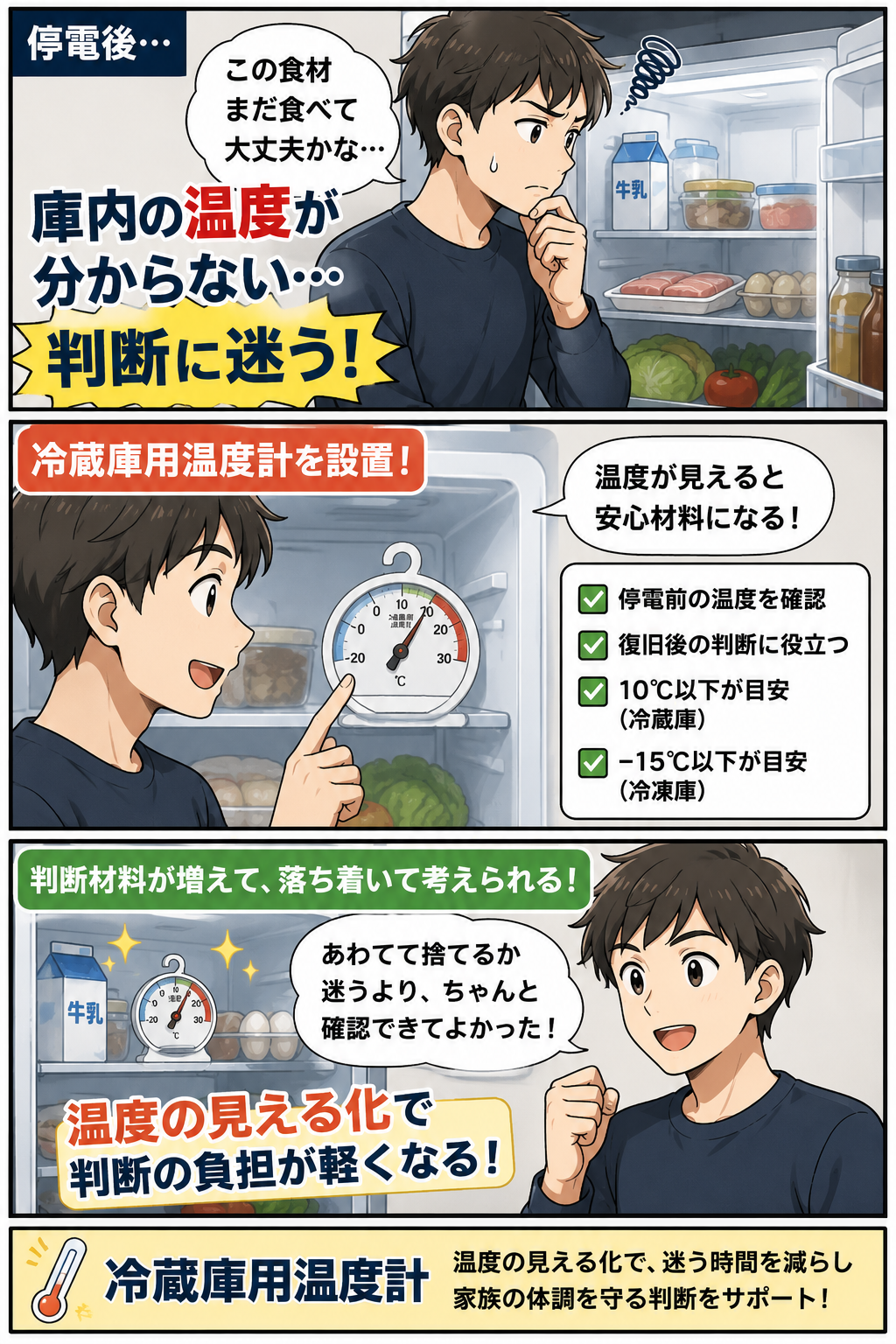 停電後に冷蔵庫用温度計で庫内温度を確認する一人暮らし男性の漫画