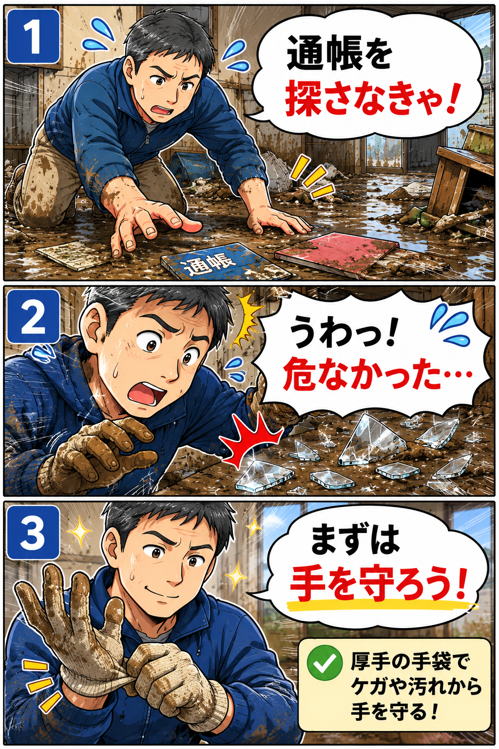浸水後の泥や割れ物から手を守るため厚手の手袋を着ける男性の3コマ漫画
