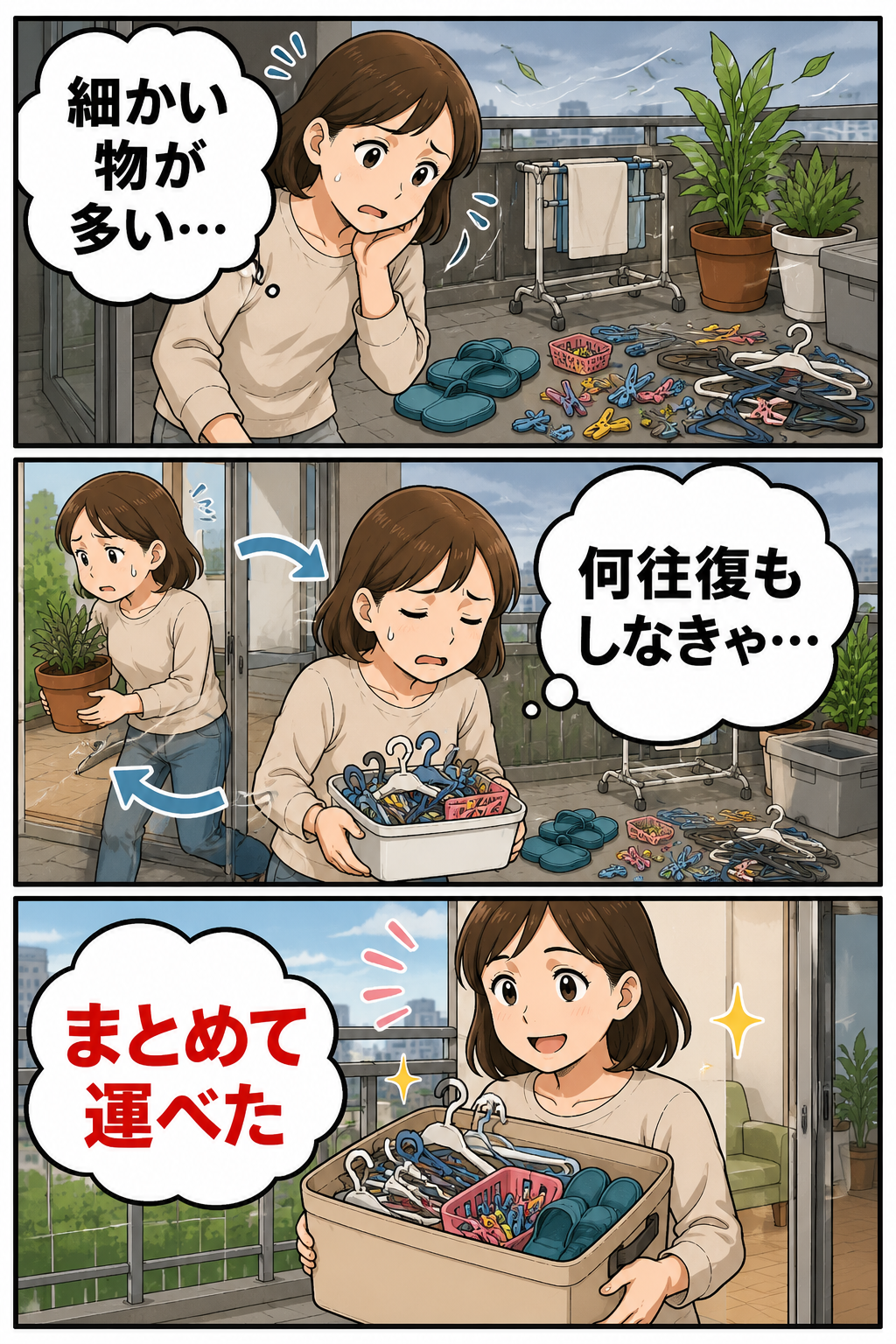 台風前のベランダで細かい物を収納袋にまとめて運ぶ母親の漫画