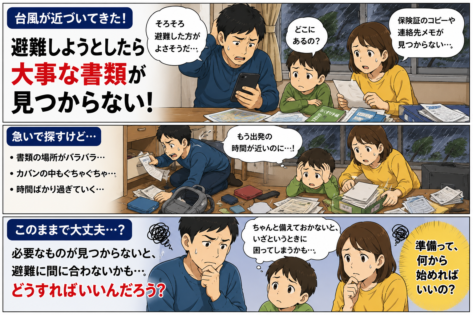 台風避難前に保険証コピーや連絡先メモなど大事な書類が見つからず困る家族の漫画