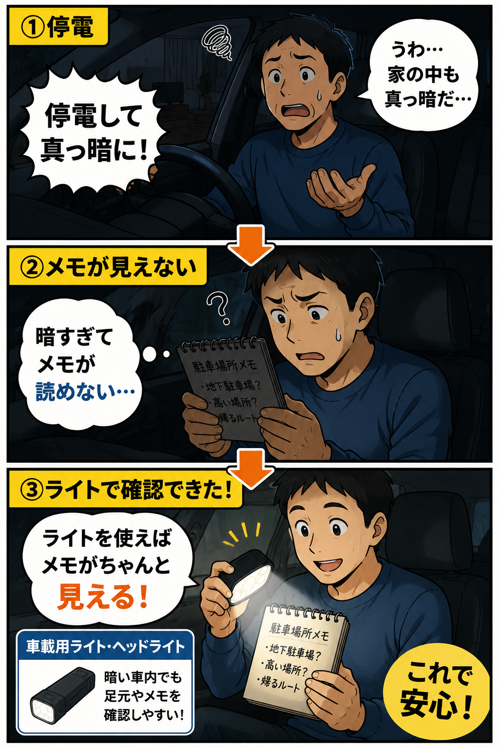 停電時に車内メモを確認しやすくする車載用ライトの漫画