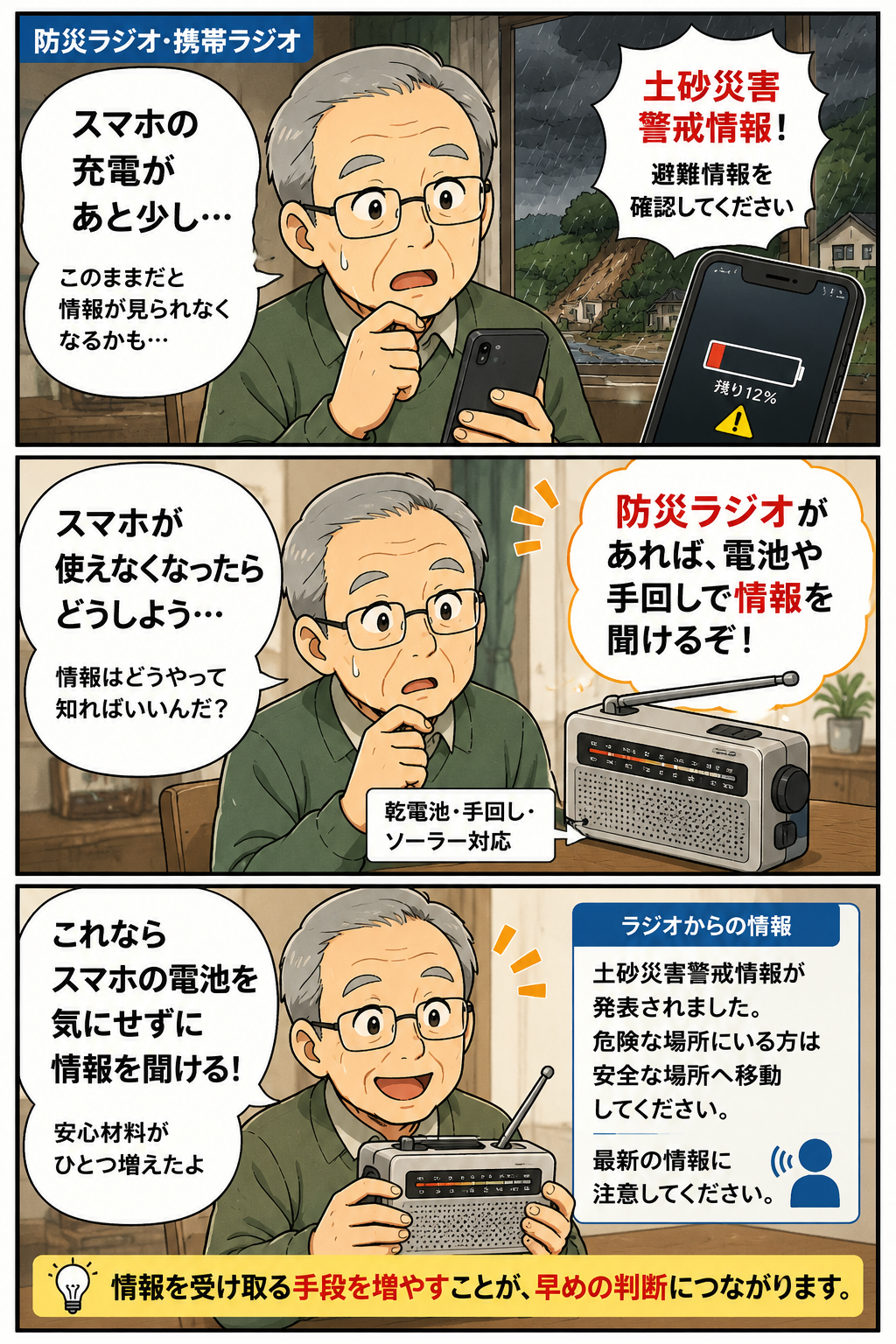 スマホの充電残量が少ない祖父が防災ラジオで土砂災害情報を確認する商品紹介漫画