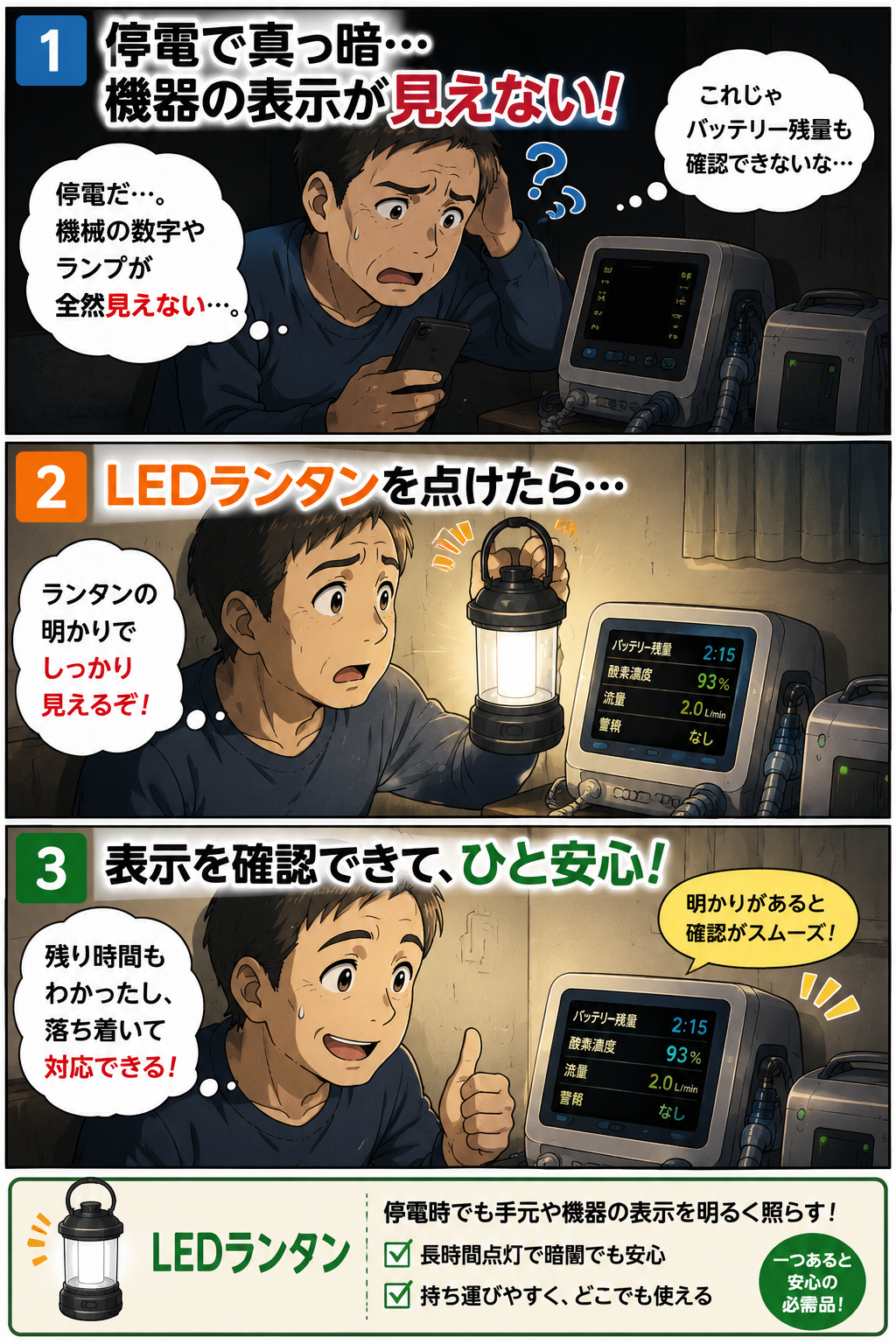 停電時にLEDランタンで在宅医療機器の表示を確認する父親の3コマ漫画