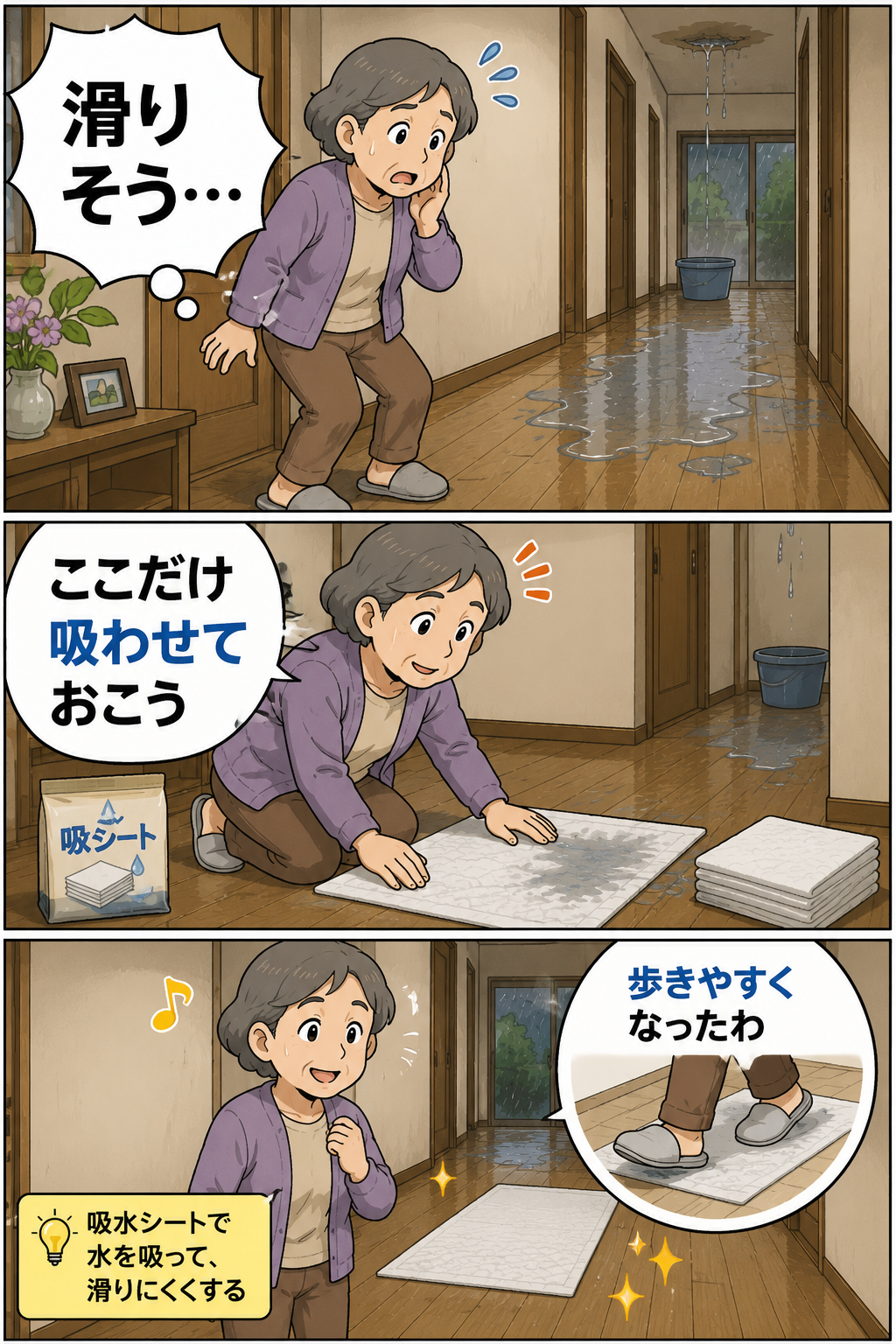 雨漏りで滑りやすい廊下に吸水シートを置き、祖母が歩きやすくなる漫画