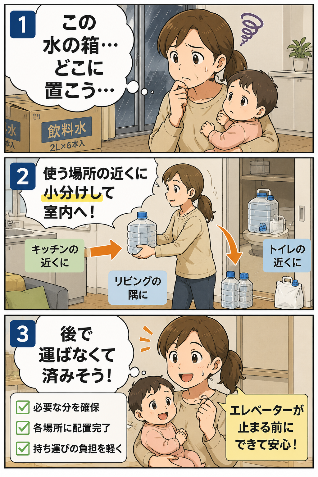 乳幼児のいる母親が給水タンクとウォーターバッグを室内に小分けして置く漫画