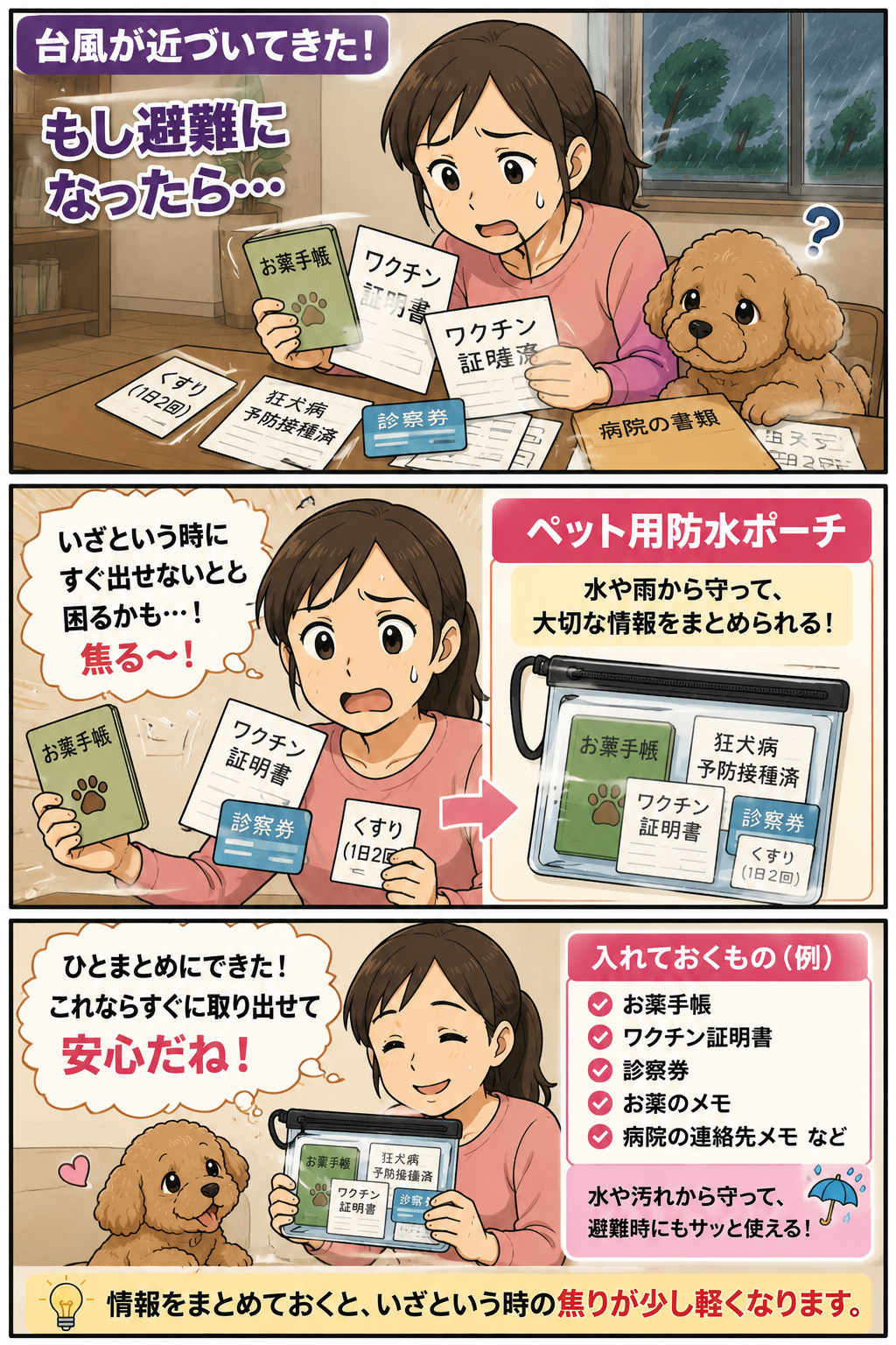 ペットの薬やワクチン情報を防水ポーチにまとめる母親の漫画