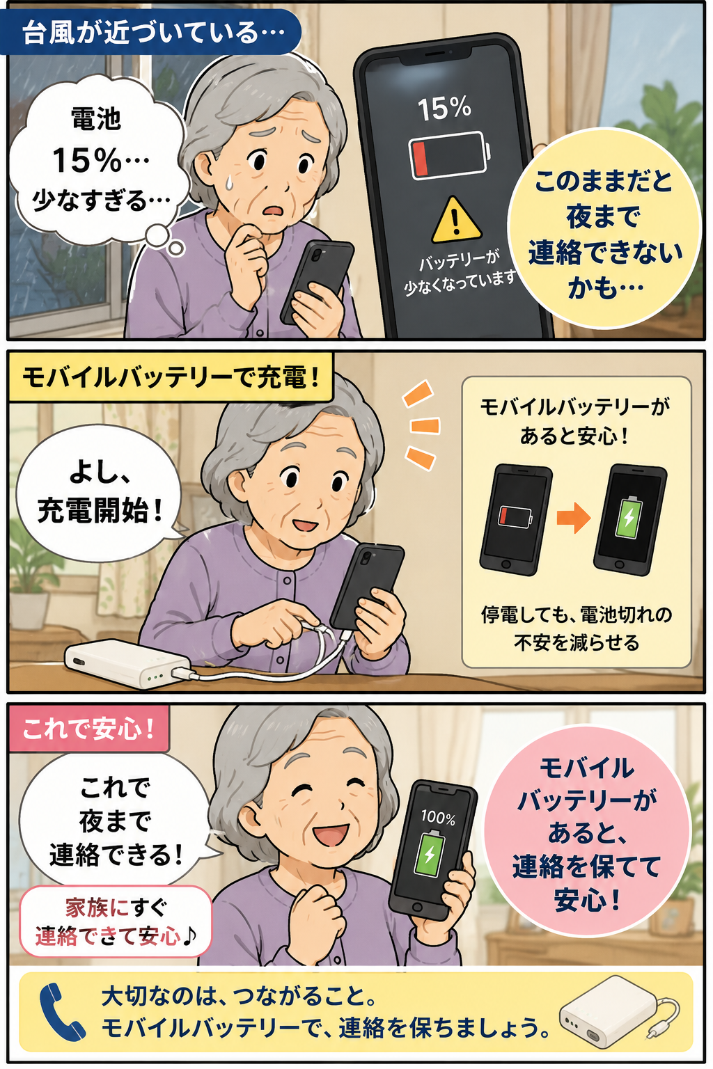 台風前に高齢の母親がモバイルバッテリーでスマホを充電し連絡の不安を減らす漫画