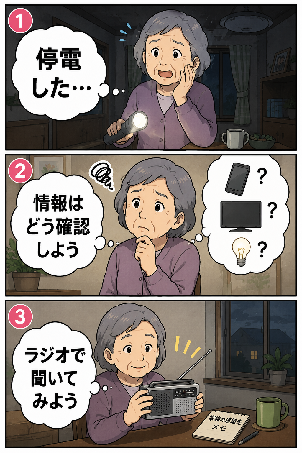 高齢女性が停電時に携帯ラジオで情報を確認しようとする3コマ漫画