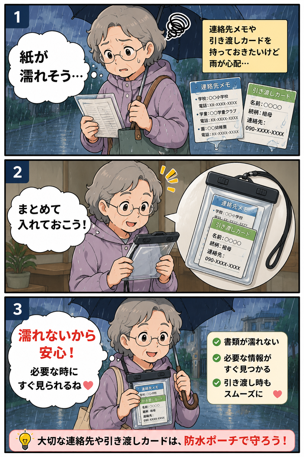 雨の日に連絡先メモや引き渡しカードを防水ポーチに入れて保管する祖母の漫画