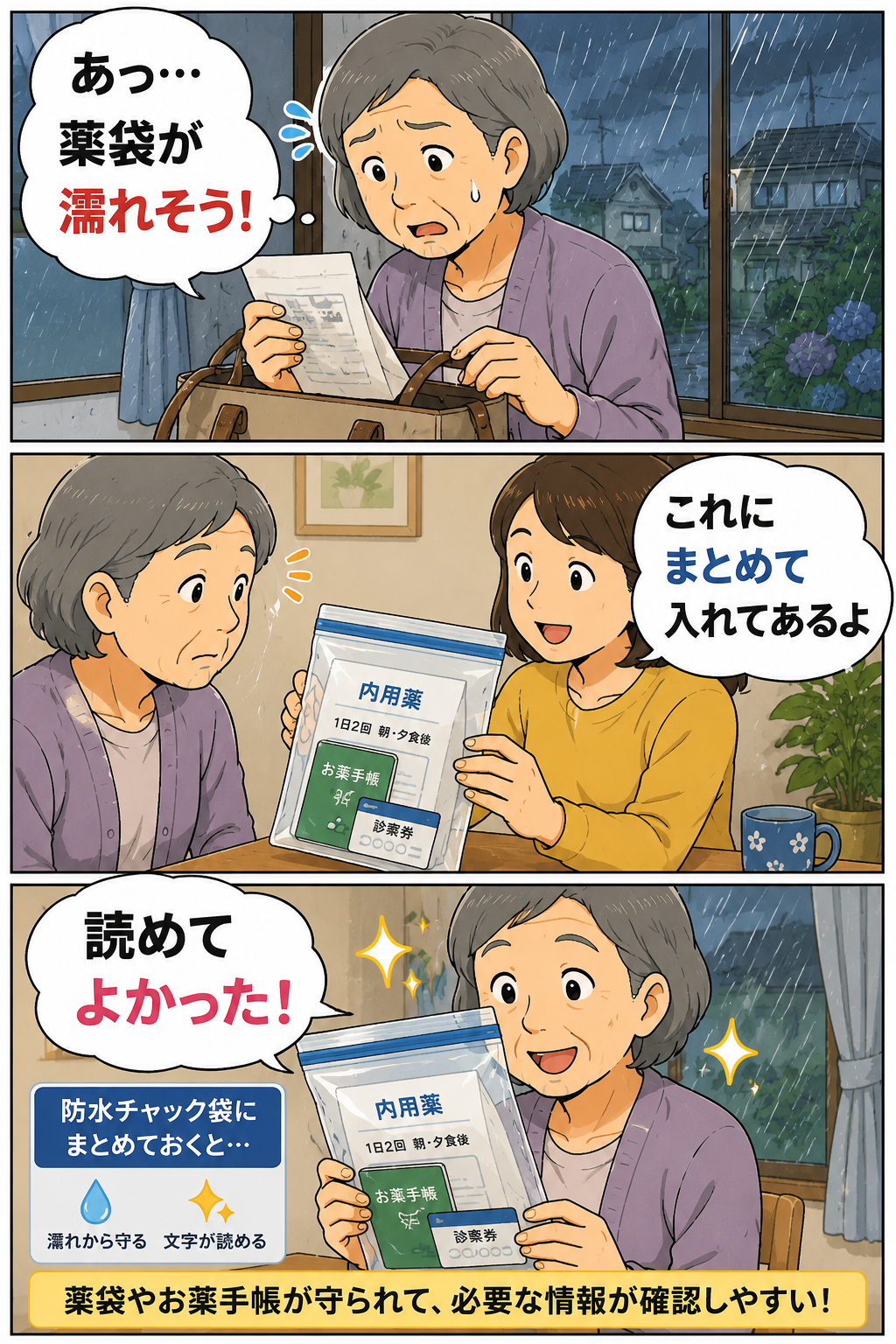 防水チャック袋で薬袋やお薬手帳を濡れから守る漫画