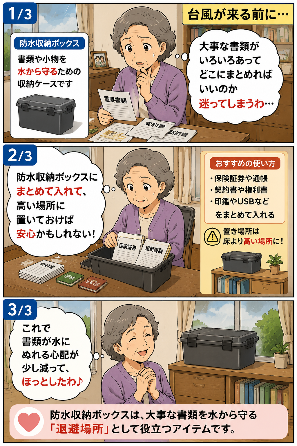 台風前に祖母が大事な書類を防水収納ボックスにまとめて高い場所へ置く漫画