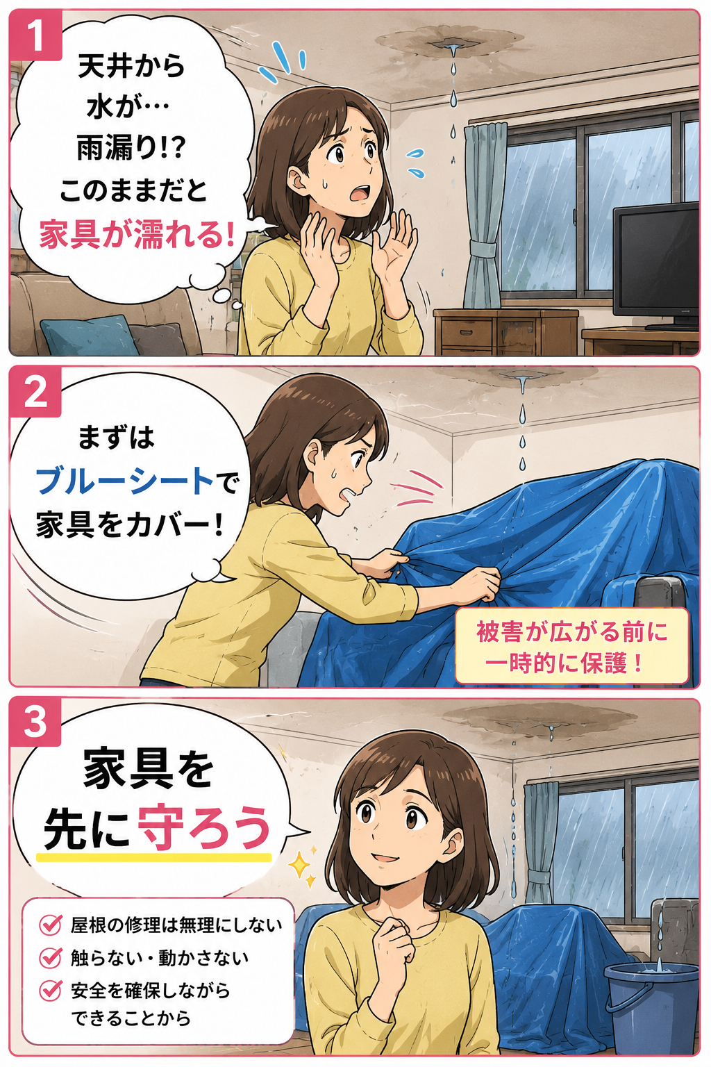 生成された画像：雨漏り対応のステップガイド