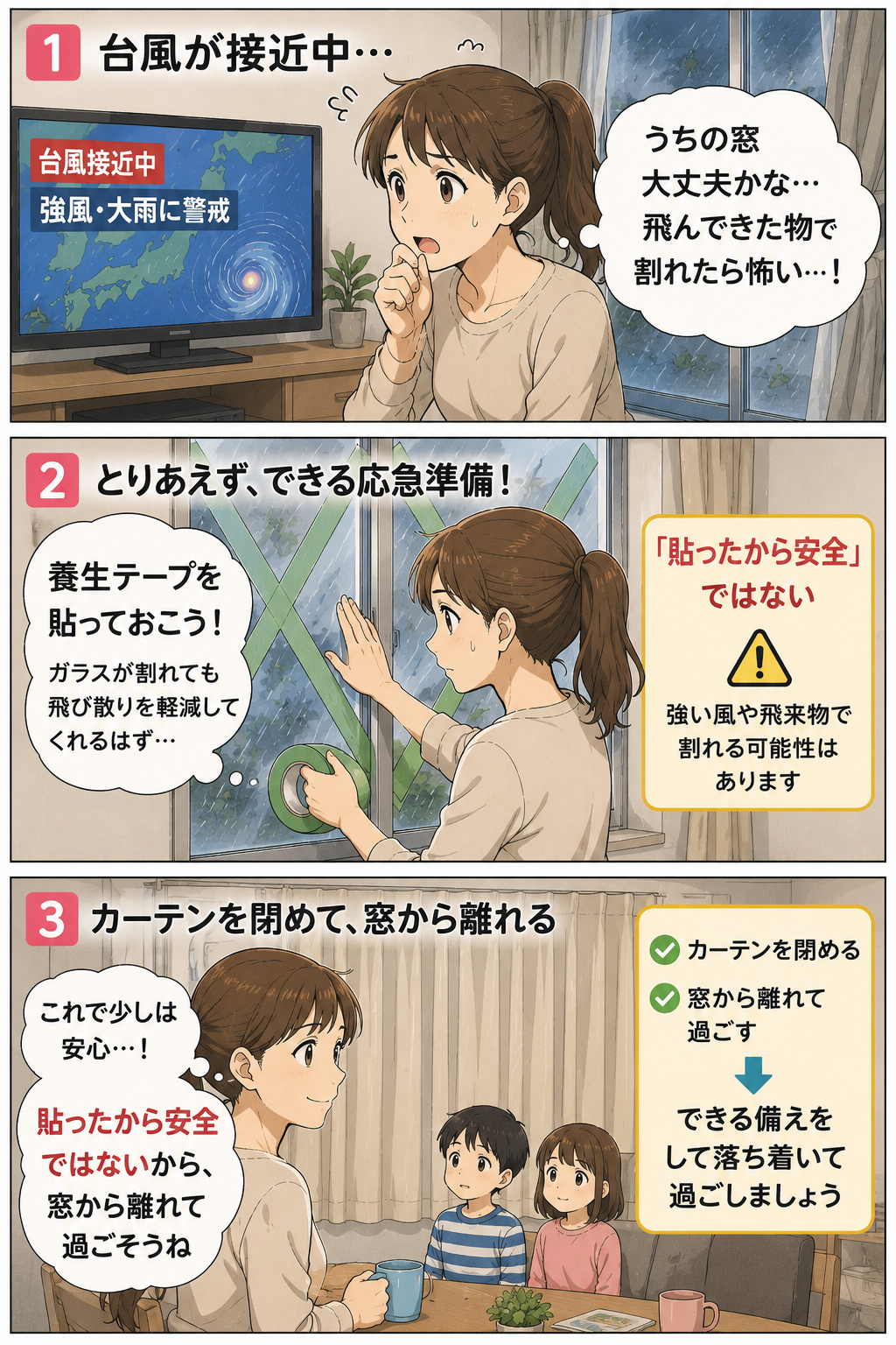 台風前に養生テープを貼っても安全と考えず窓から離れる母親の漫画