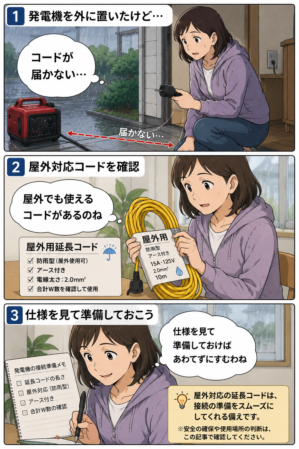 屋外用延長コードの仕様を確認して発電機との接続準備をする母親の3コマ漫画