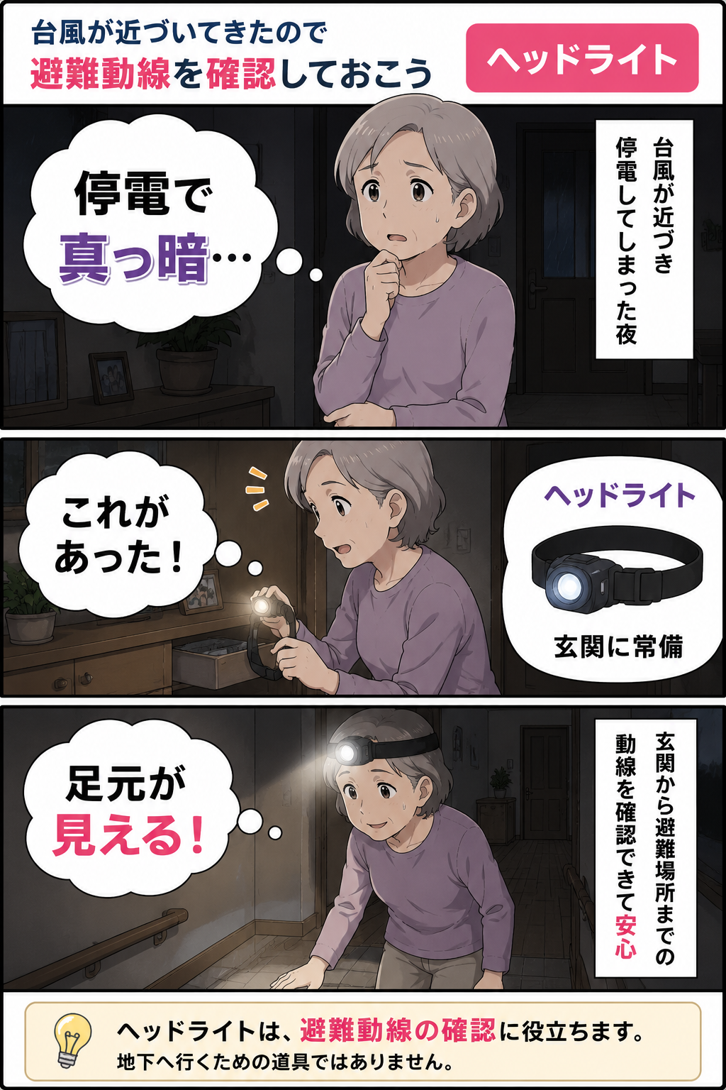 停電時に祖母がヘッドライトで玄関から避難動線の足元を確認する漫画